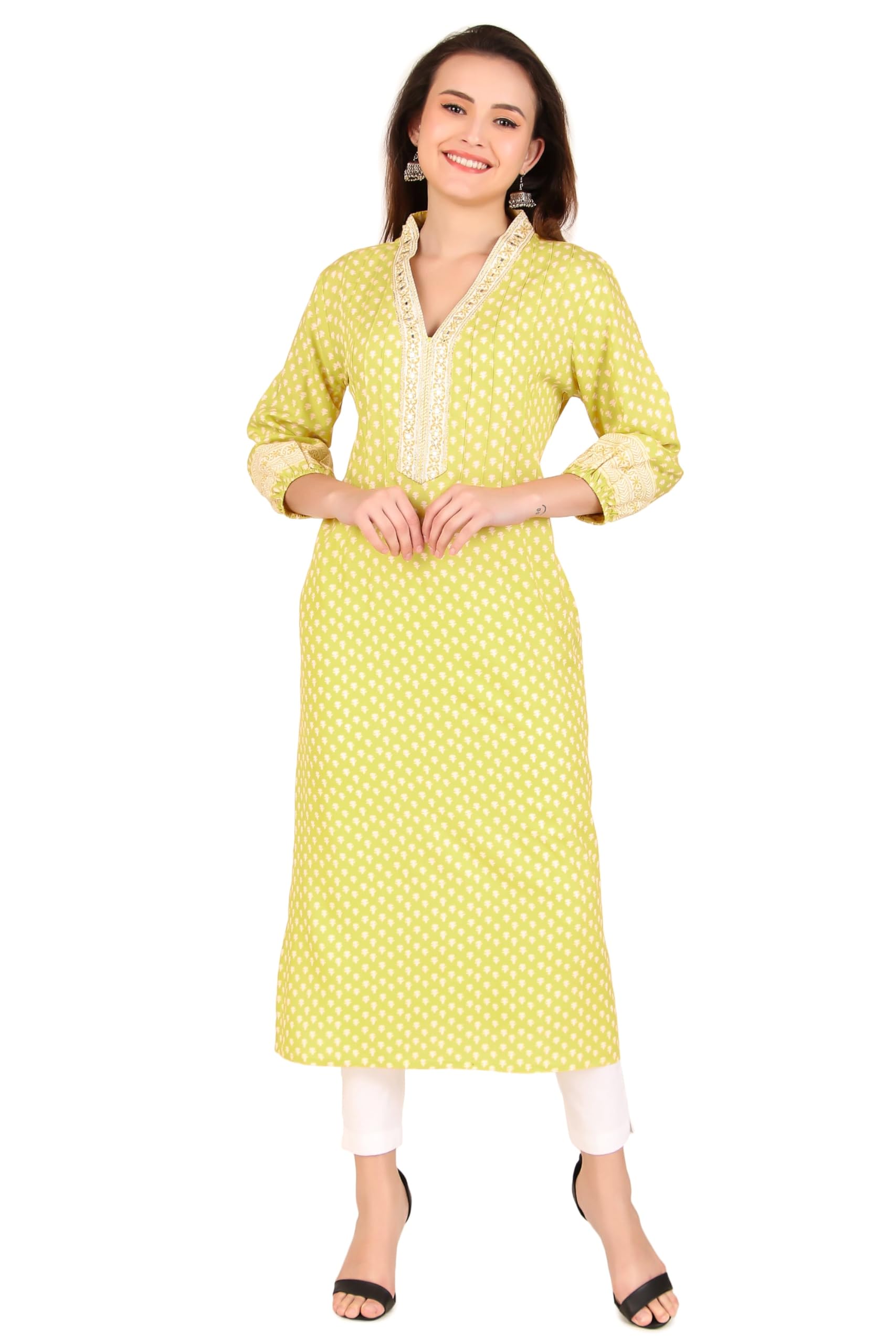 LadylineRayon Ethnic Womens Tunic Printed Mirror Work Mandarin Collar Kurti Kurta Top