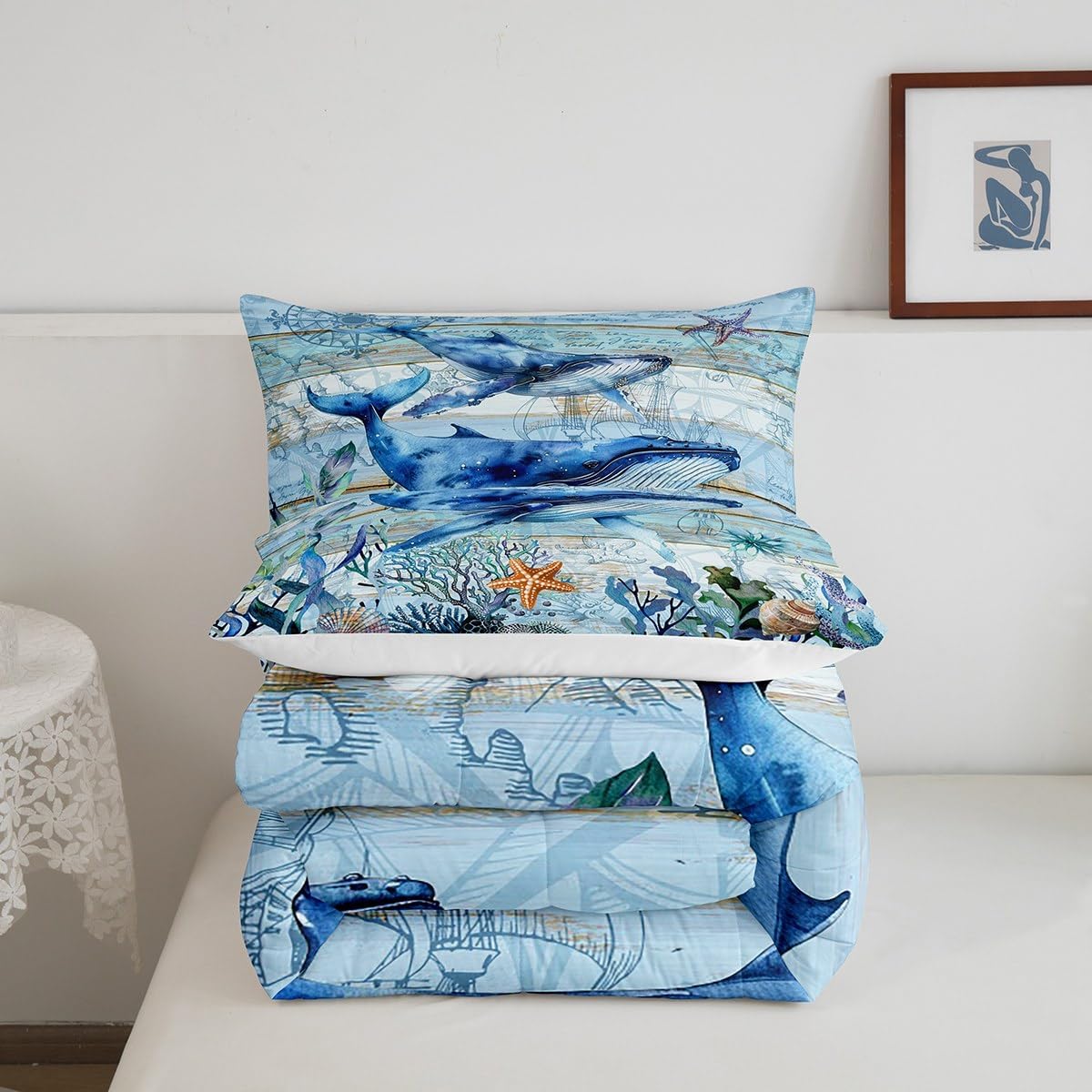 Feelyou Cute Whales Comforter Set Queen Size Kids Ocean Animal Comforter for Boys Girls Teens Marine Animals Underwater World Bedding Set Summer Blue Ocean Themed Duvet Set Room Decor