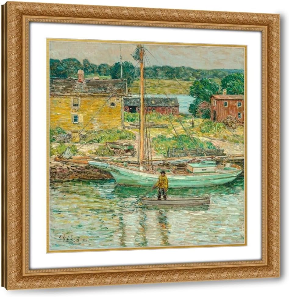 ArtDirect Oyster Sloop-Cos Cob Custom Framed Art Print Giclee Print or Canvas Options with Various Sizes and Customization by Hassam, Childe