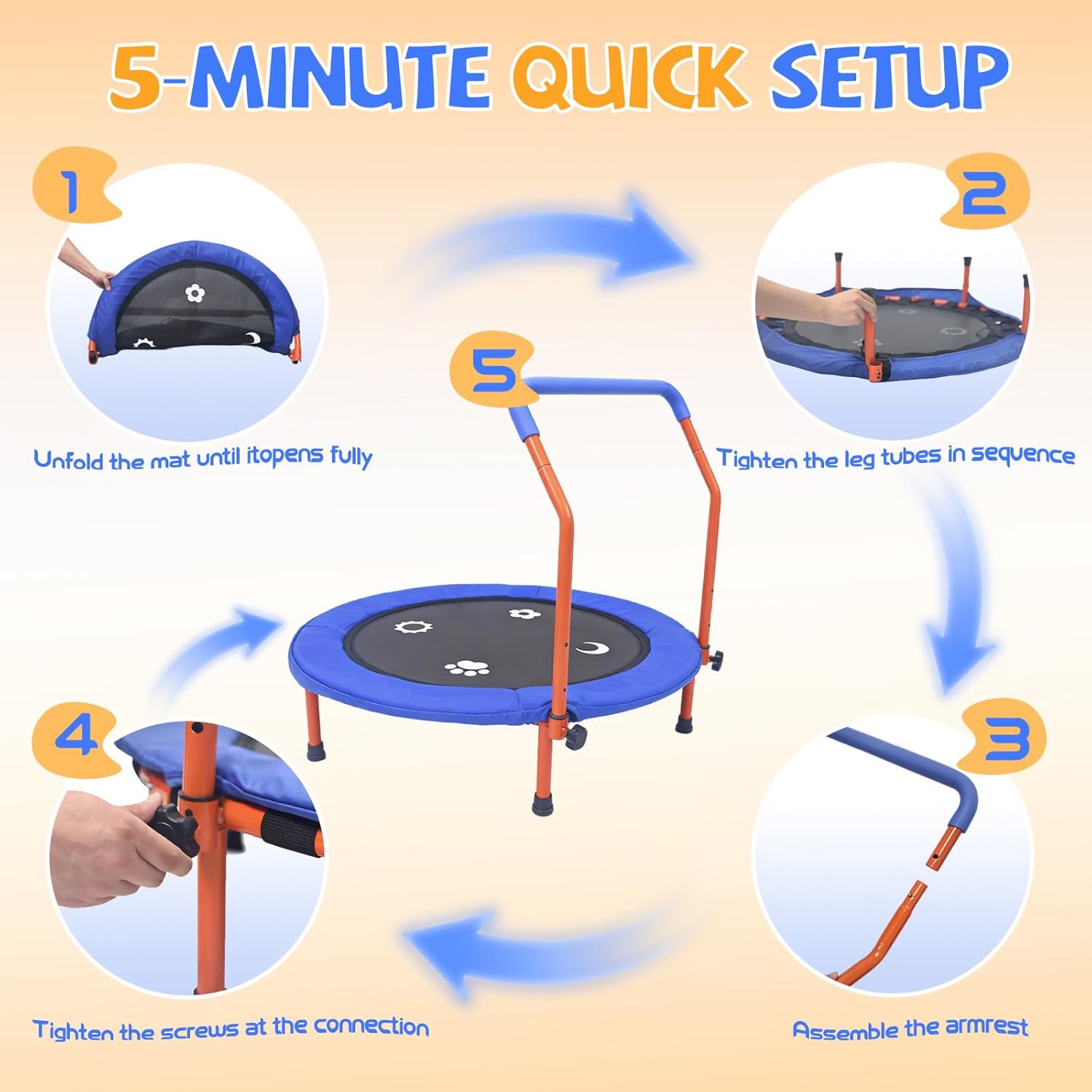 ACWARM HOME 36" Trampoline for Kids - ASTM Certified Foldable Toddler Trampoline Indoor/Outdoor, Mini Rebounder with Foam Handle, Safe Quiet Stable, Easy to Assemble, Gift for Kids