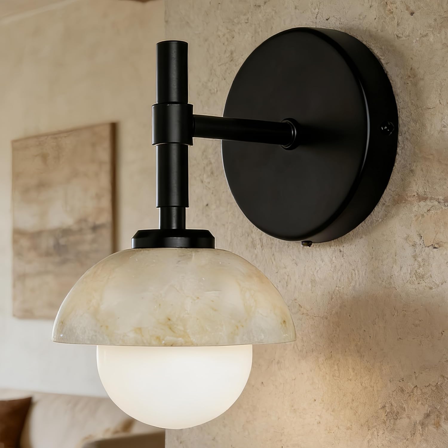 8" Vintage Sconce Wall Lighting with Alabaster and Opal Glass Globe Shade, Modern Bathroom Vanity Beside Mirror, Hardwired Wall Mounted Lamp for Living Room Bedroom Stairwell (Black)