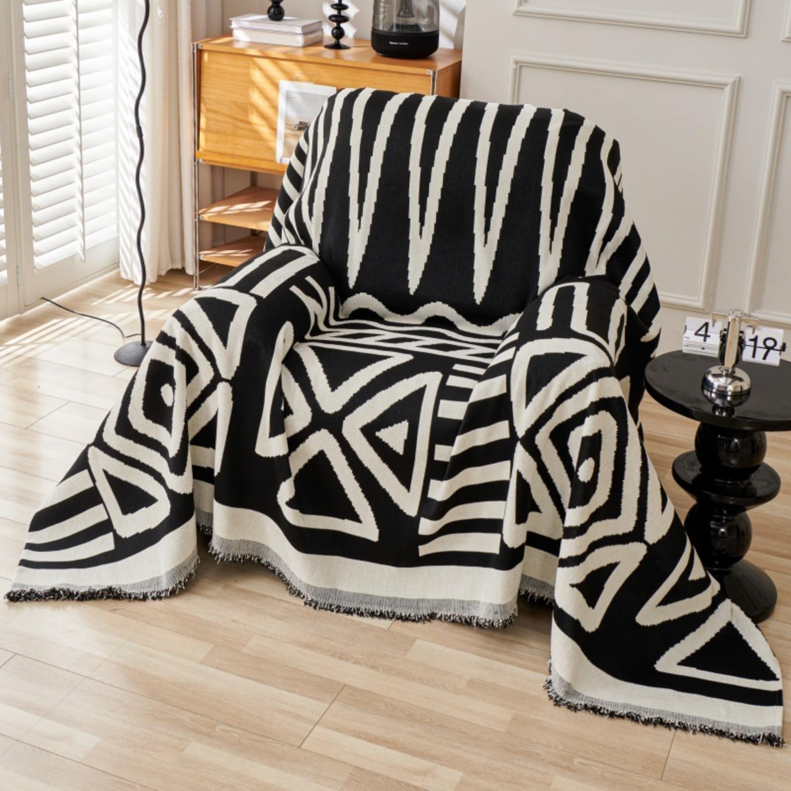 TAOTAOGO Sofa Cover 2 3 Seater Boho Chenille Corner Sofa Slipcover Washable L Shape Sofa Covers Reversible Sectional Couch Cover with Tassel Furniture Protector Loveseat A Black 180x260cm โ image 1