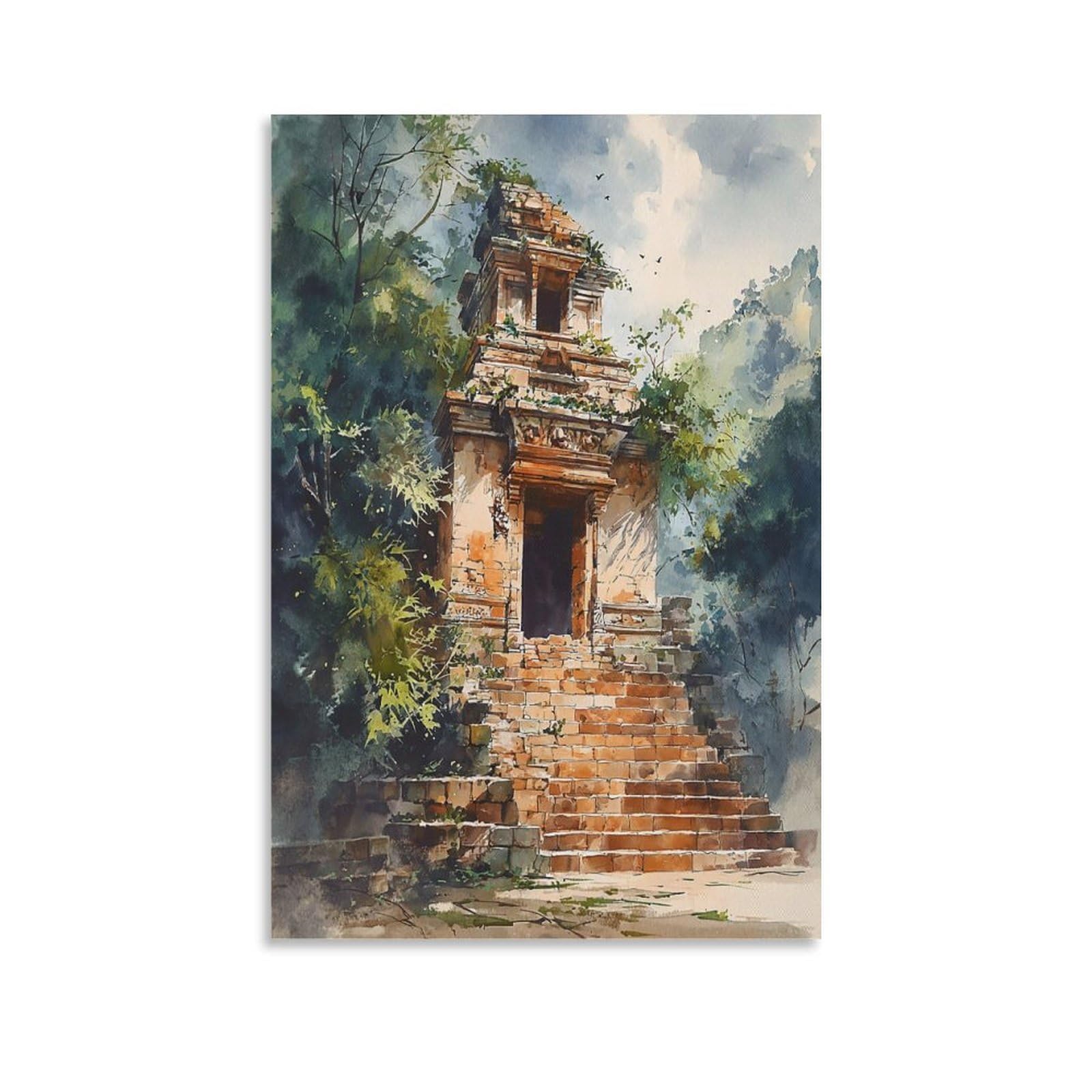 LCYNNH Tikal Maya Jaguar Watercolor 20x30inch(50x75cm) Vintage Travel Poster Watercolor Canvas Art