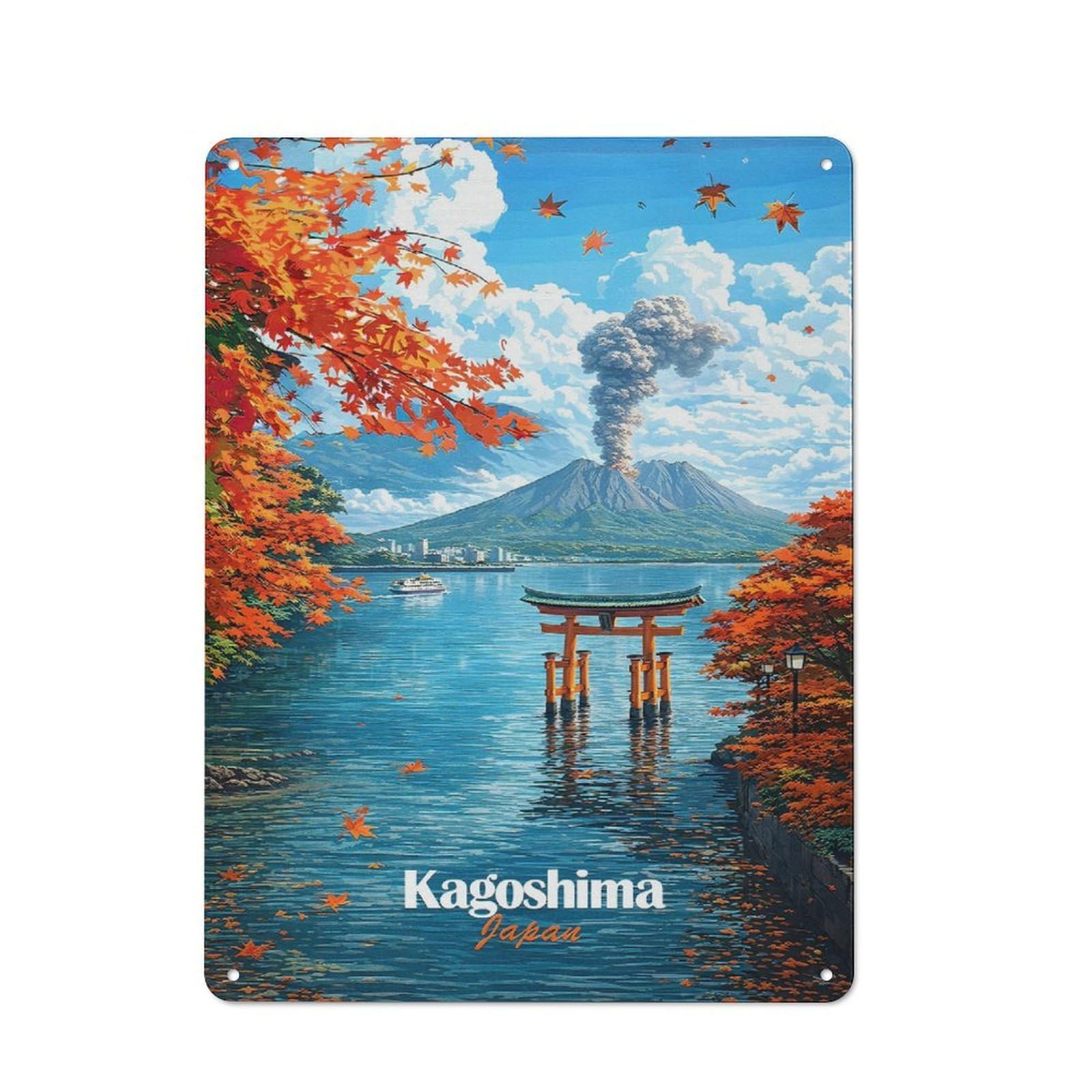 Garage Style Kagoshima Japan Volcano Torii Gate Retro Metal Sign 40x30cm, Workshop Wall Decor for Workshop, Basement, Shed Or Games Room
