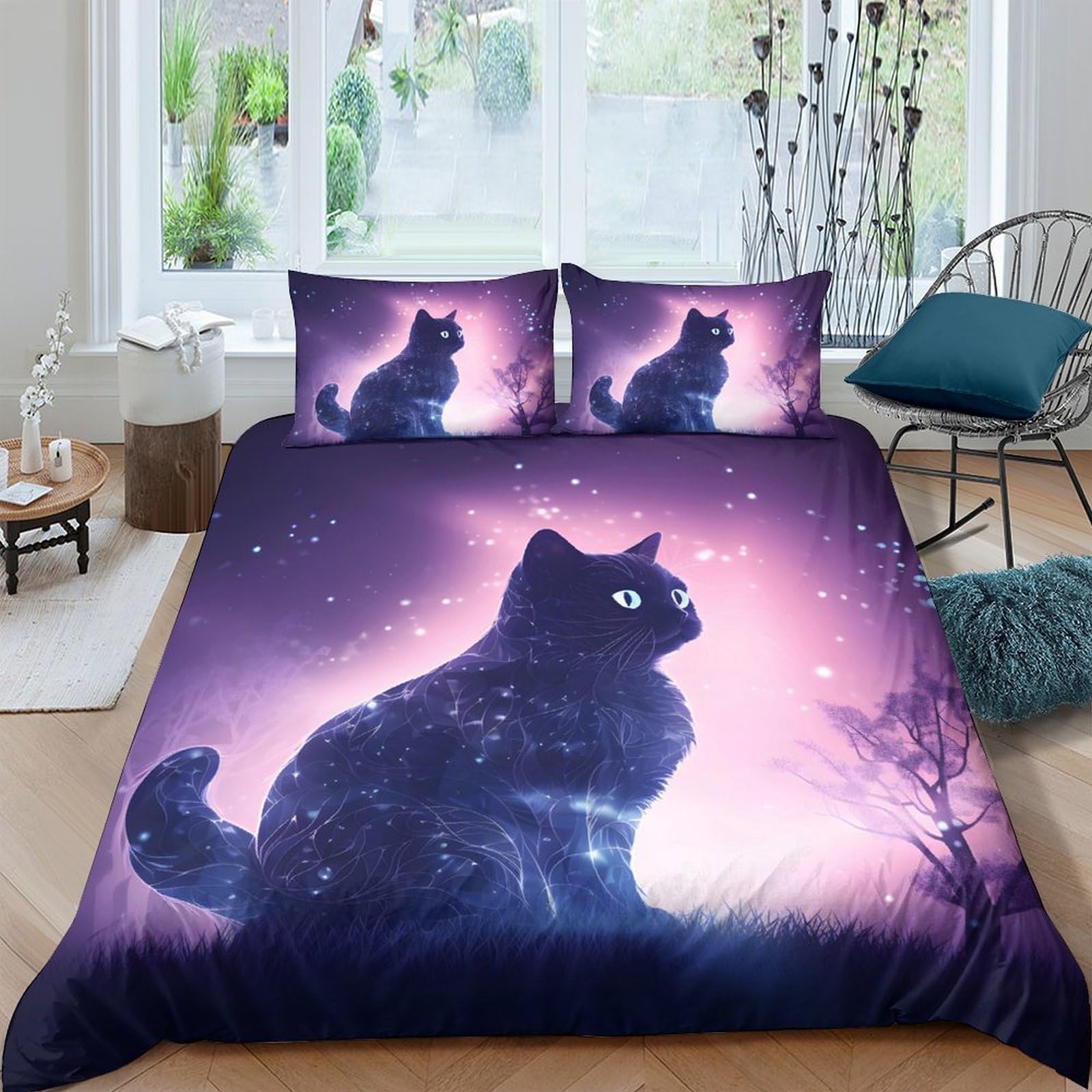 Ctjqhvkz Style-4 3D Printed Star Cat Night Fitted Sheet Microfiber Black Purple Moonlight Bed Cover Bedroom Dorm Decor Single（135X200cm）