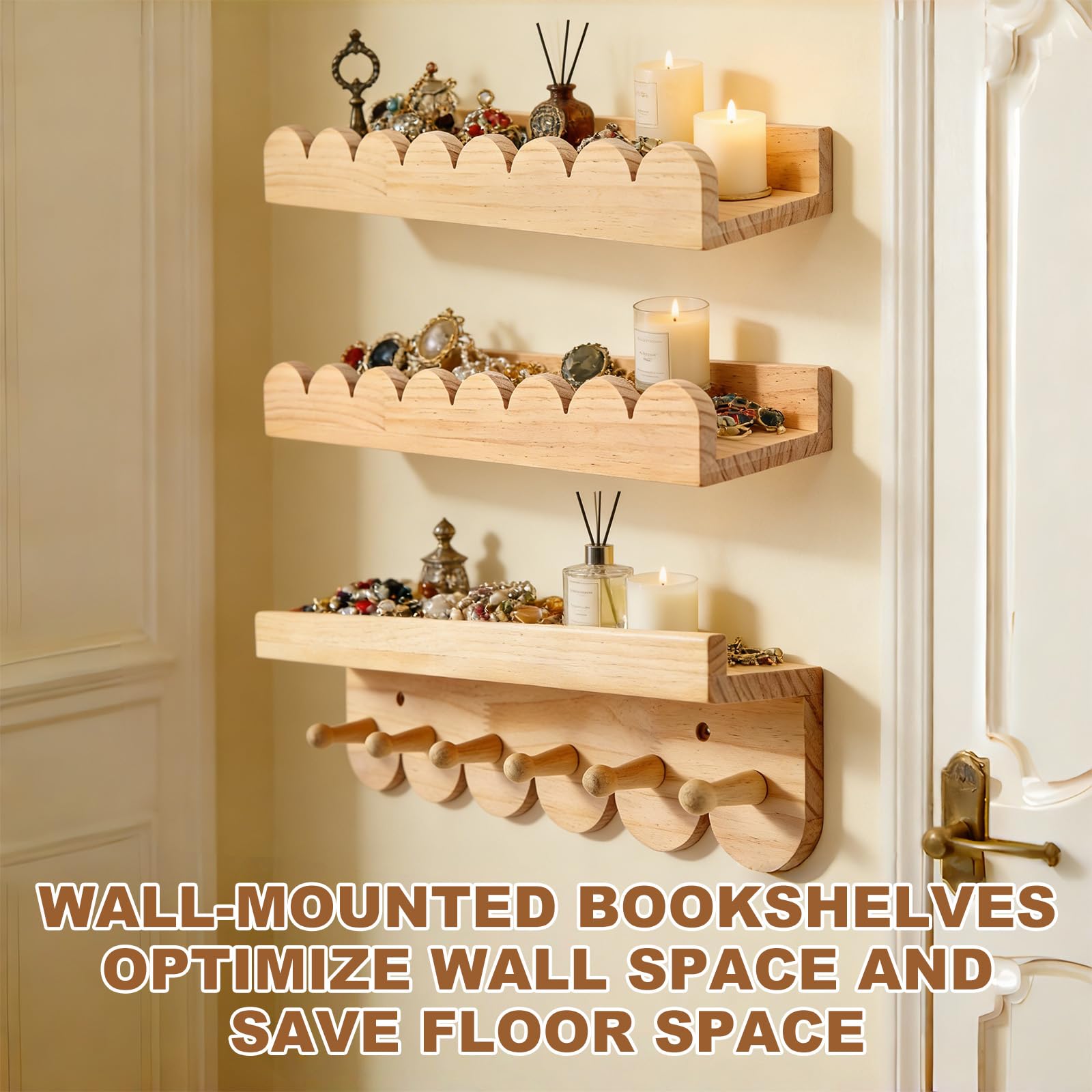 GBKDQQ Juego de 3 estanterías infantiles de pared, 40 cm, estantería de pared para habitación infantil con ganchos de madera, estantería flotante para libros y juguetes, estantería Montessori (color