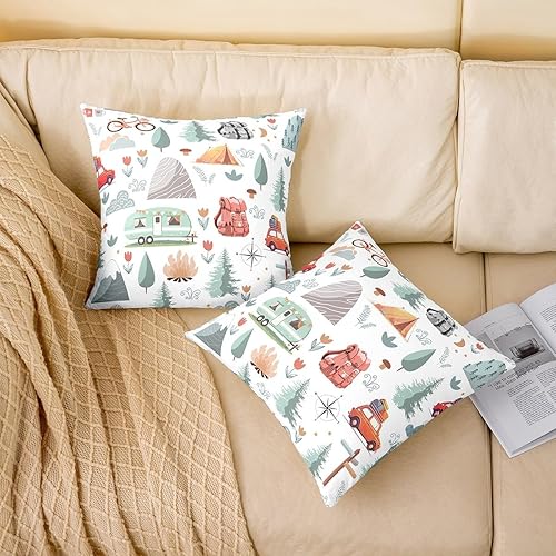 Miniatura 2 de Juego de 2 fundas de almohada temáticas de cámper de 16 x 16 pulgadas, fundas de almohada de campamento feliz, fundas de cojín para accesorios de