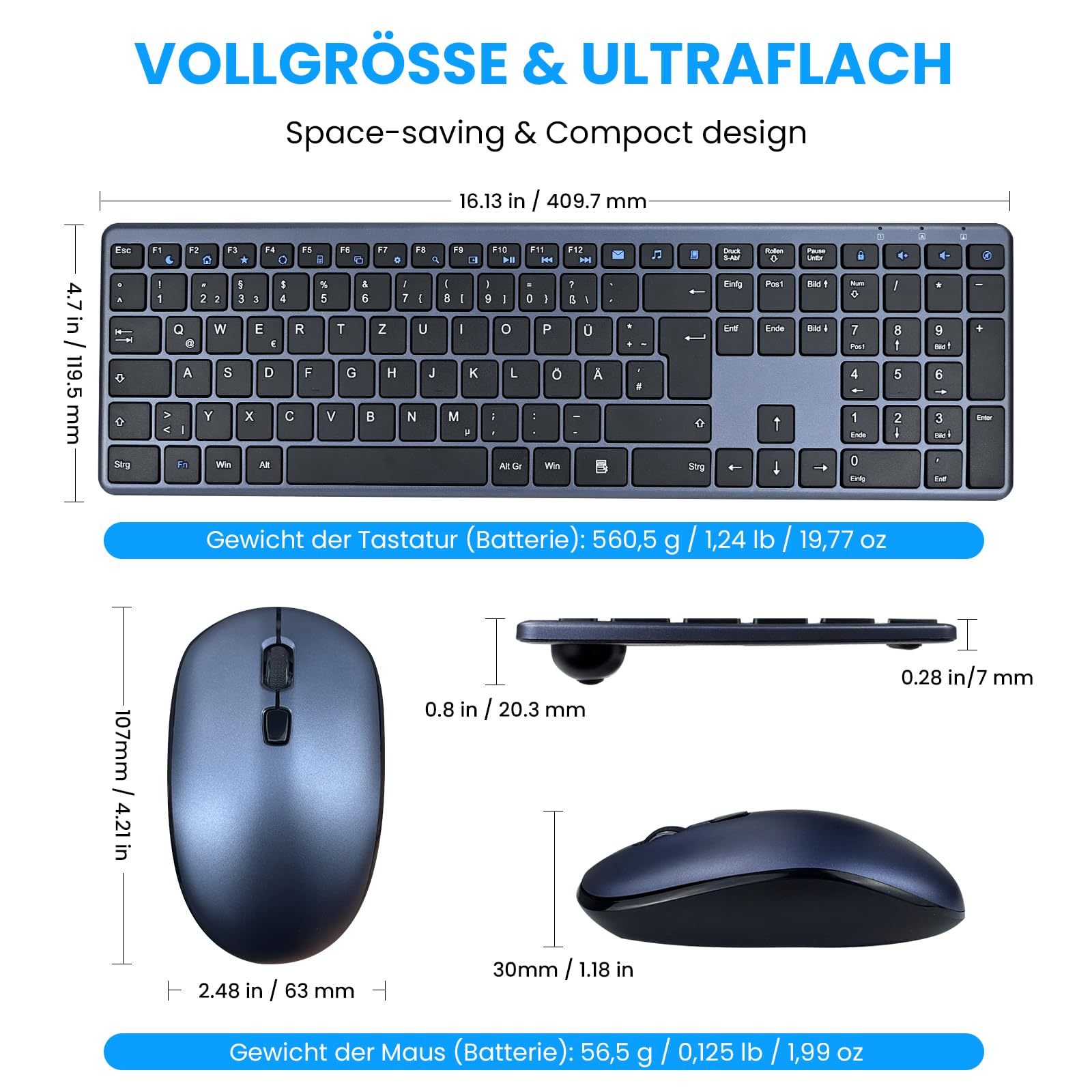 INFINMIND Tastatur Maus Set Kabellos, Deutsches QWERTZ Layout Funktastatur mit Maus, 19 Multimedia Shortcut-Tasten mit leiser, 2,4-GHz-USB-Flachen Tastatur für Laptops, Smart-TVs, MAC und Windows