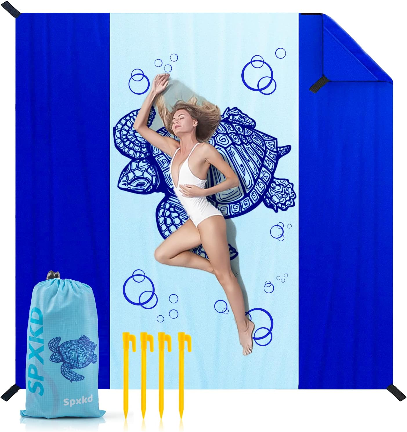 Beach Blanket Waterproof Sandproof Oversized 79" X 83" Soft Durable Light Weight and Portable Beach Mat with Corner Pockets for 4-6 Adults Outdoor Picnic Mat with Pocket for Travel Camping Hiking