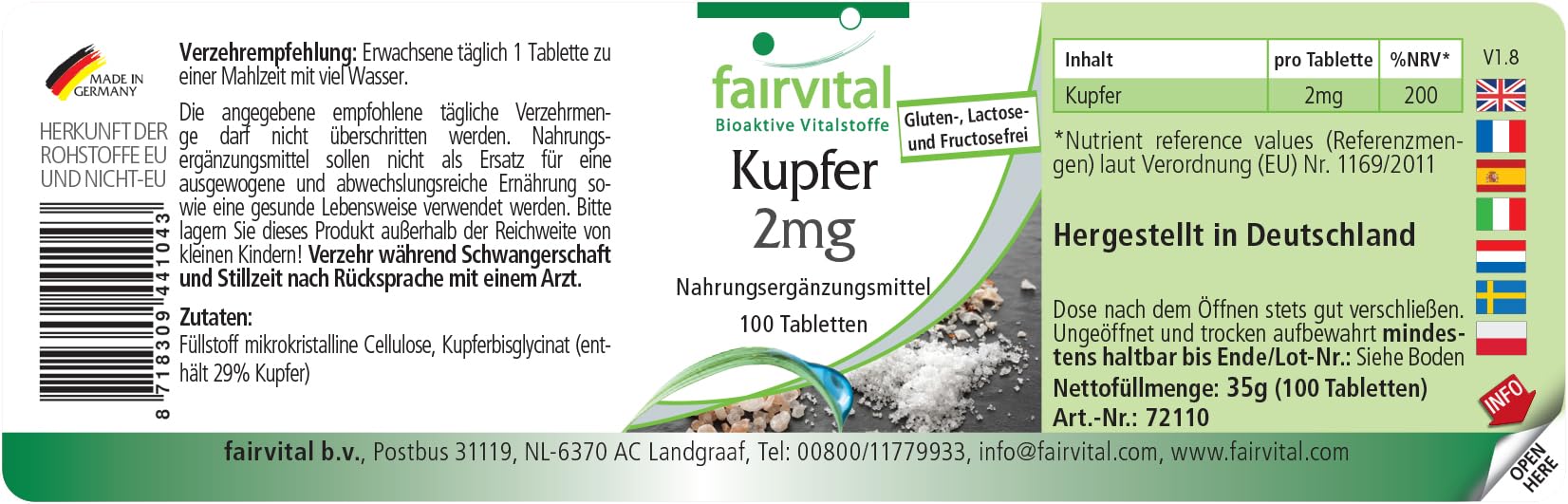 fairvital Compresse di rame 2 mg, ALTO DOSAGGIO, integratore alimentare a base di bisglicinato di rame, vegano, 100 compresse, facili da deglutire