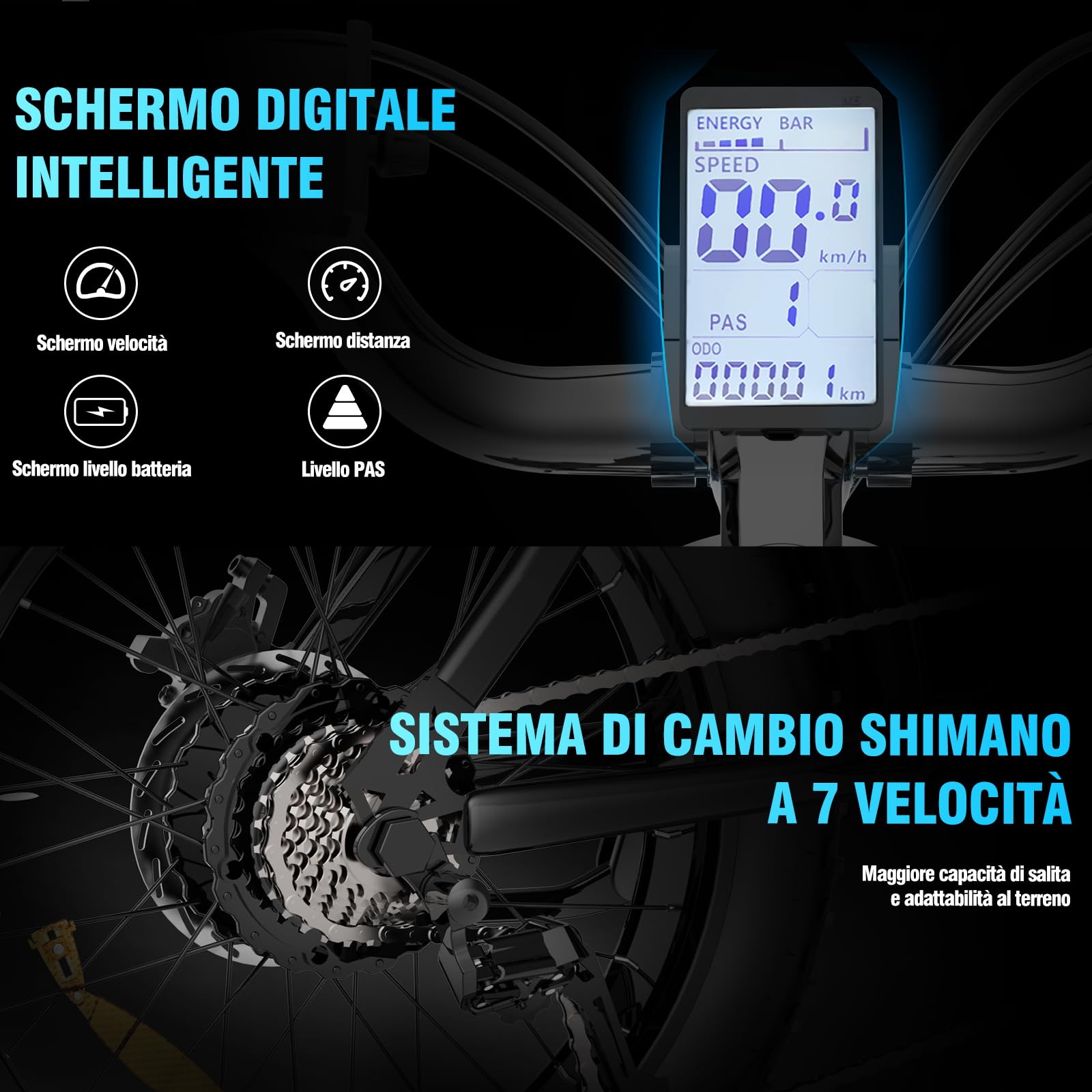 YVY Bici Elettrica, Batteria Rimovibile 20/40 Ah, Autonomia 120 km/150 km/300 km, Bicicletta Elettrica Uomo 7 Velocità, Ebike Doppia Sospensione, Doppio Disco, Schermo LCD