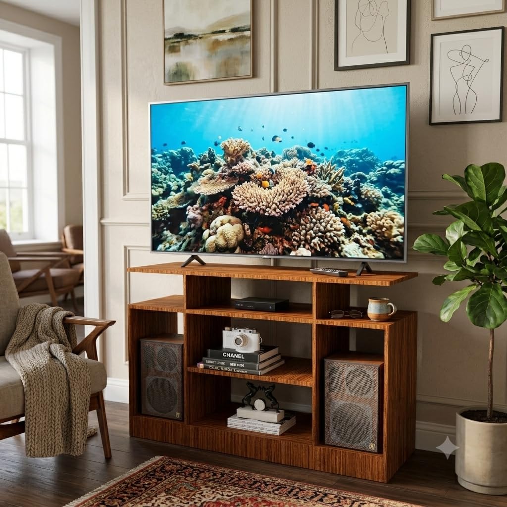 Victorus TV Unit Engineering Wood Floor Standing TV Entertainment Unit Set Top Box Stand/TV Panel Cabinet Panel with Shelves for Books & Décor Display Unit (Walnut/White)-image-26