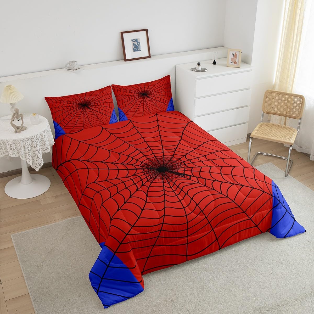 Happy Halloween Kids Comforter Set King Size,Spider Web Animals Insect Rustic Bedding Set,Boys Girls Women Men Room Decor,Spider Web Farmhouse Down Comforter,Red Black Duvet Insert,2 Pillowcases