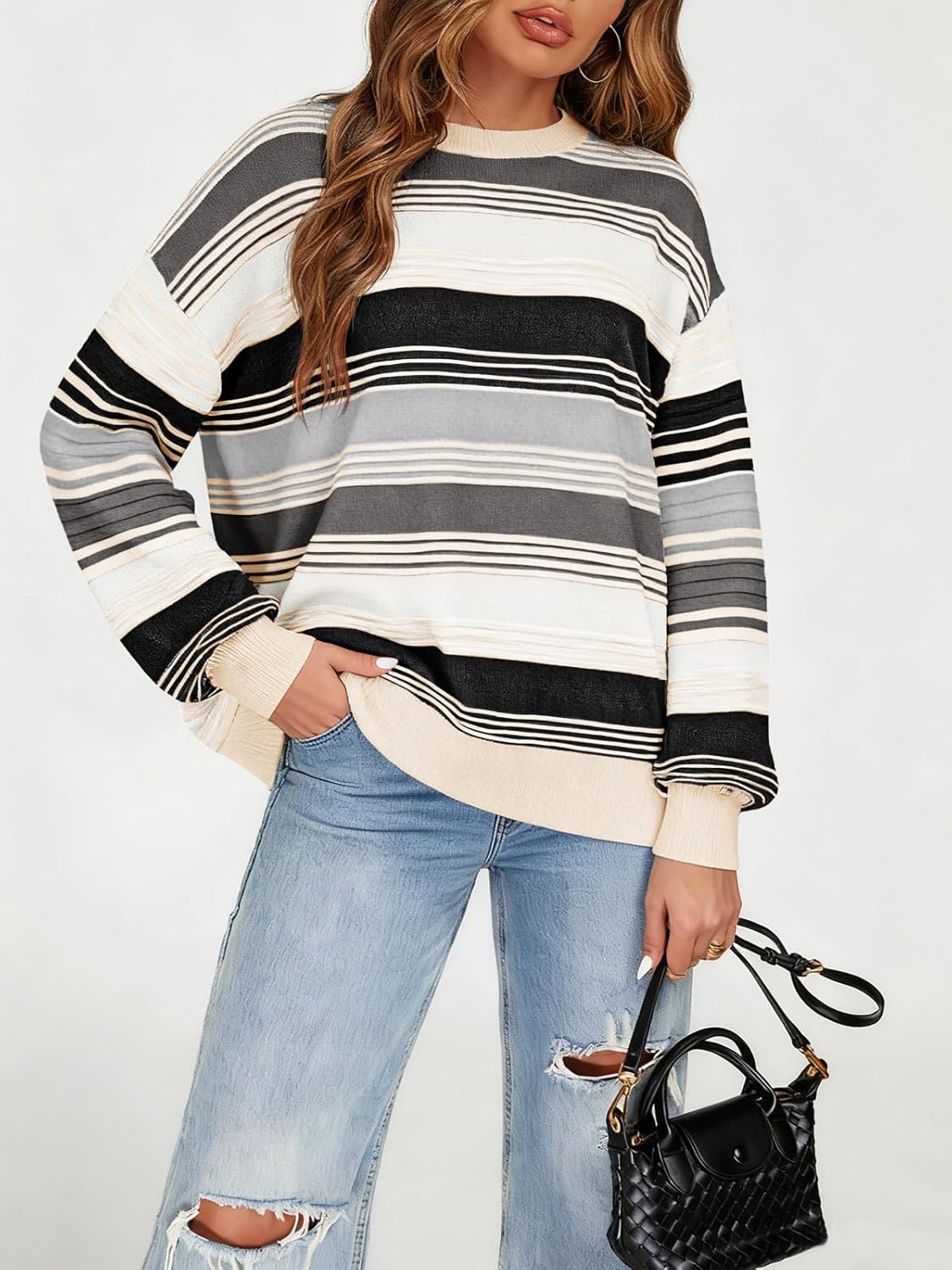 Saodimallsu Womens Striped Sweater Color Block Crew Neck Long Sleeve Fall Colorful Rainbow Knit Loose Pullover Top - Image 3