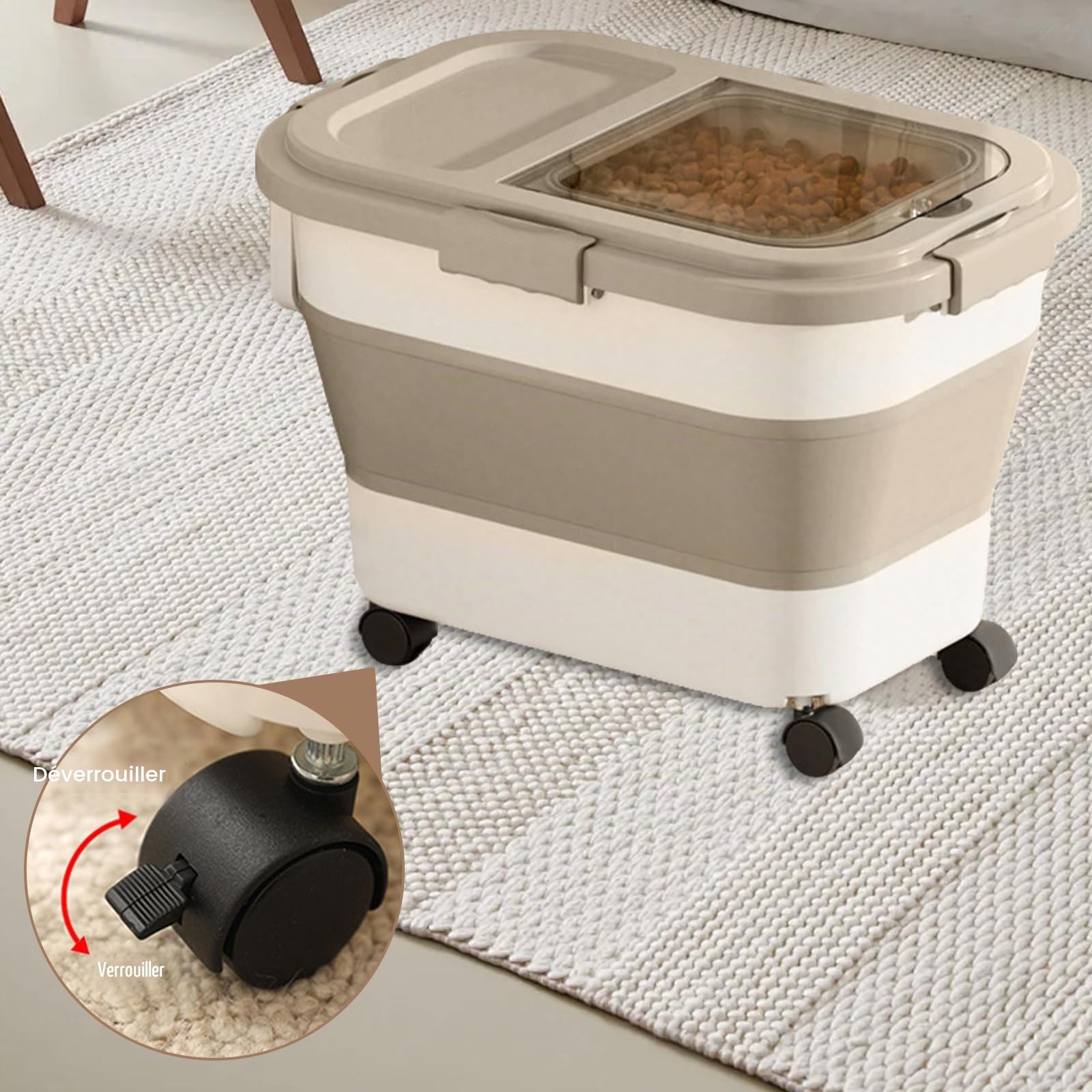 Conteneur à Croquettes pour Chien et Chat, Capacité 7-10 kg, Boîte de Stockage Pliable avec Roues, Cuillère et Tasse à Mesurer, Rangement Aliments Secs, Beige Kaki
