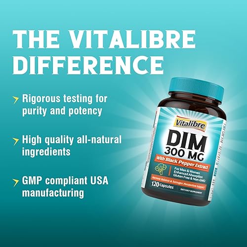 Miniatura 4 de Suplemento DIM para mujeres y hombres, metabolismo de estrógeno, equilibrio hormonal y apoyo a la menopausia, DIM 300 mg con extracto de pimienta