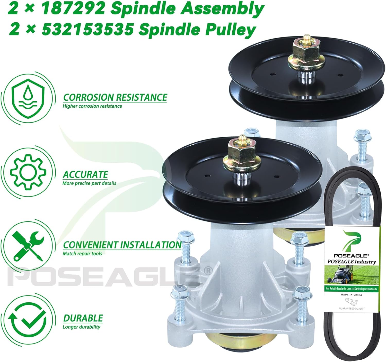 2 Pack 587819701 Spindle Assembly with 532153535 Spindle Pulley 532144959 Belt 1/2x96 Replaces 532187281 587820301 532187292 587253301 532173436 for Husqvarna 2042LS YTH20F42T Mowers