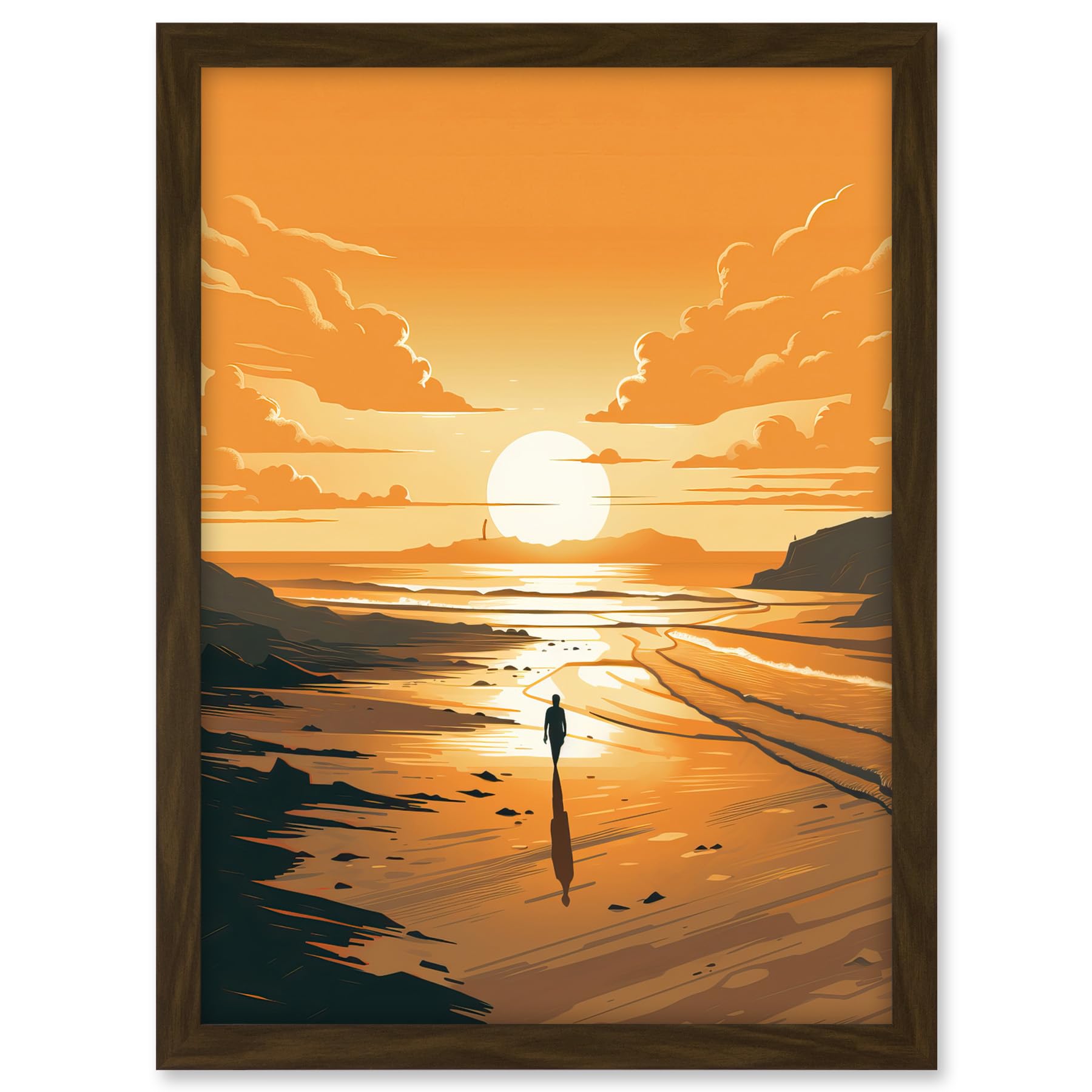 Artery8 Walk into the Sunset Sand Beach Coastal Landscape Artwork Framed A3 Wall Art Print
