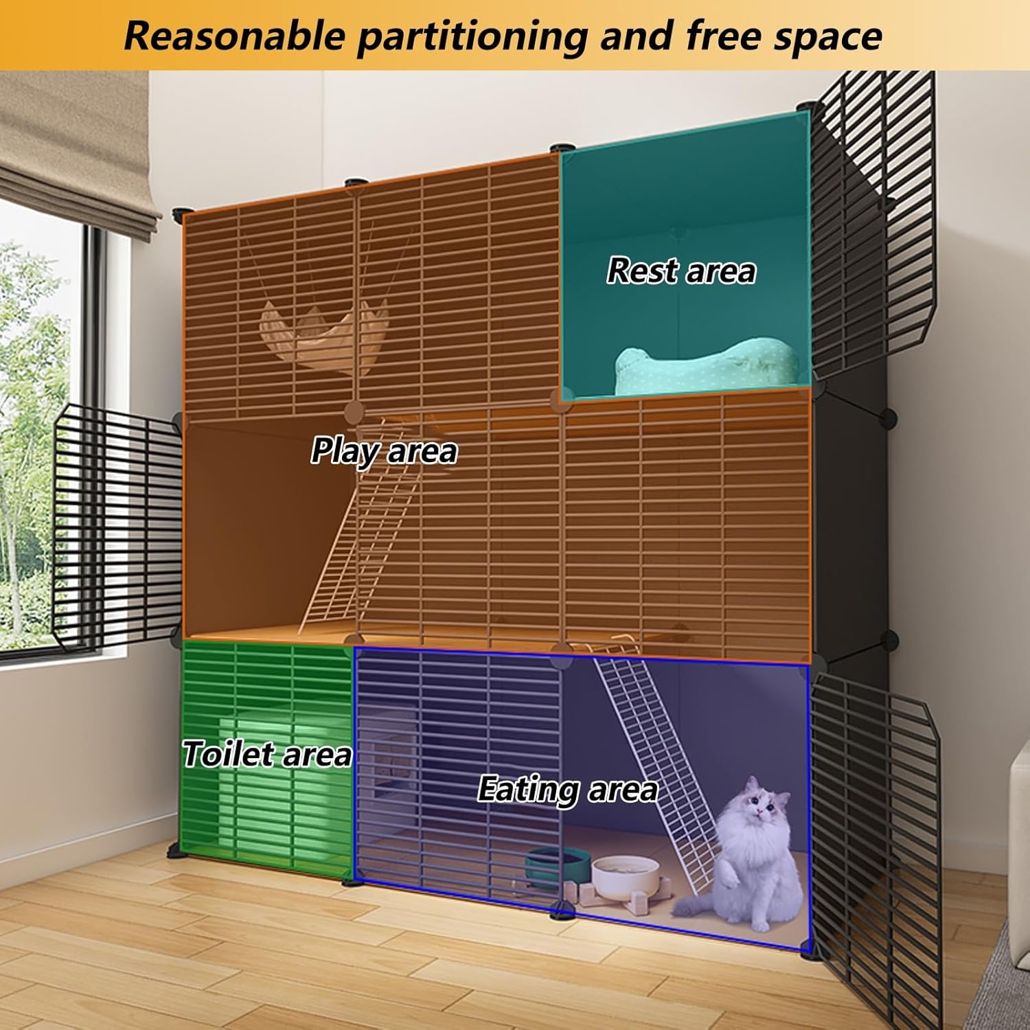 Indoor Large Cat Cages, DIY Cat Playpen Enclosures, Metal Wire Grid Pet Playpen for Cats, Rabbits & Small Animals - Spacious 43.7"x19.3"x43.7" Design
