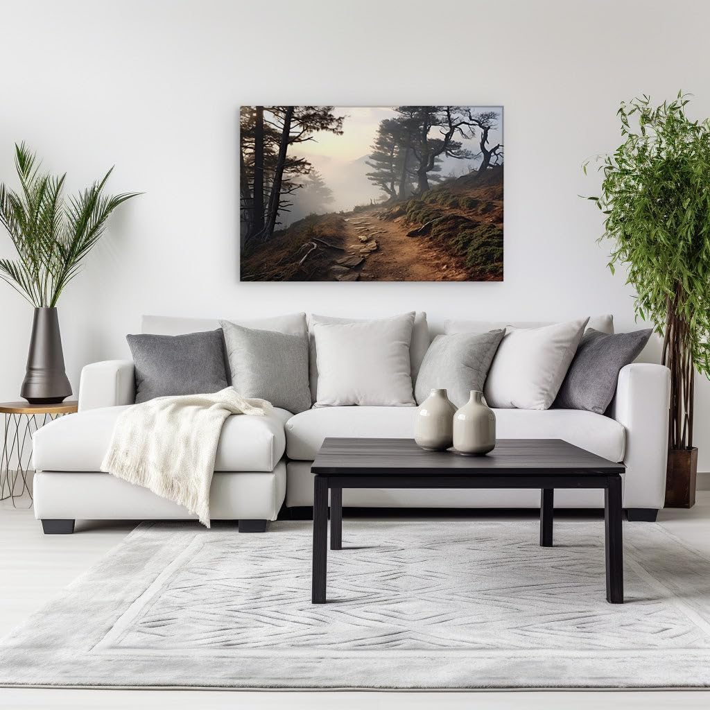 Canvas for Living room. Mystic Ascent: A Hiking Trail's Dreamy Journey Through the Fog-Drenched Mountains, 27 x 18 inch Canvas Wall Art - Ready to Hang - 69x46 cm (27x18 inch)