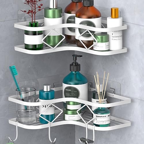 Kadolina Estante grande de esquina para ducha, paquete de 2 estantes organizadores adhesivos de ducha para baño, sin perforaciones, a prueba de