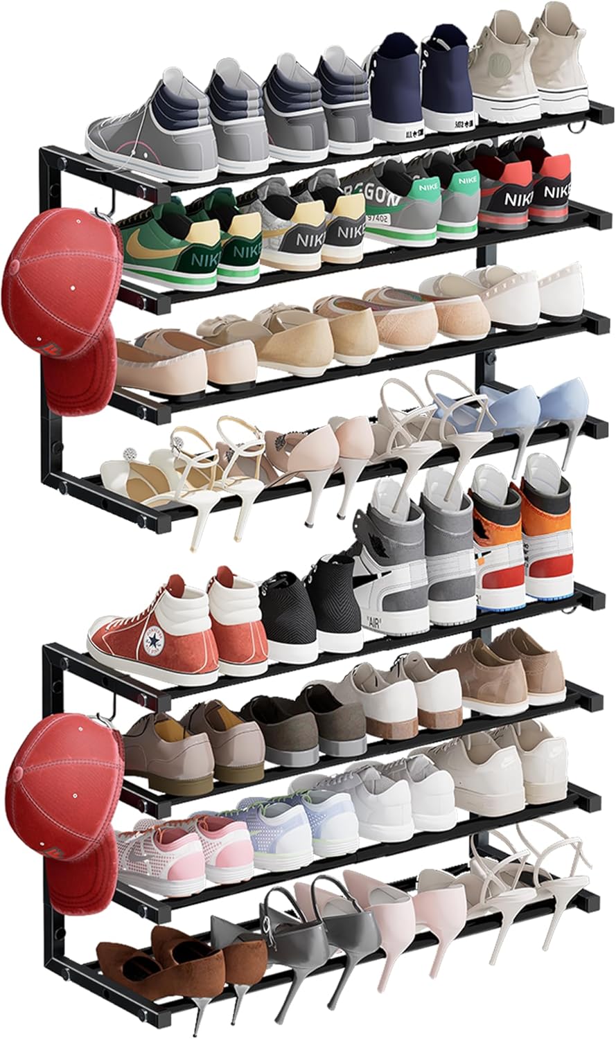 2 Pack Wall Mounted Shoe Rack, 4 Tier Hanging Shoe Rack Holds 32 Pairs, 17″-30″Adjustable Heavy Duty Wall Shoe Shelf with 4 Storage Hooks, Space Saving for Closet Entryway, Black, Patent Pending