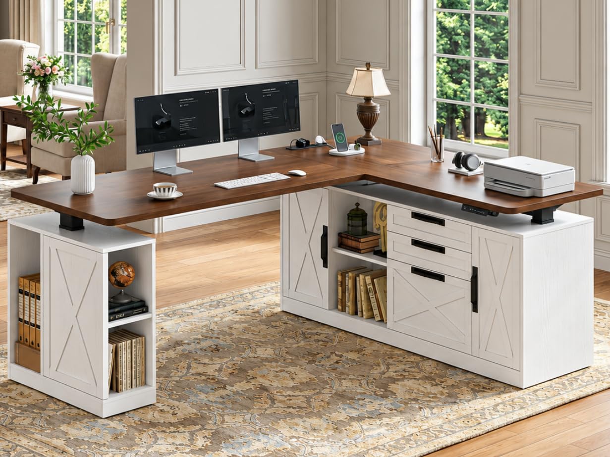 L Shaped Electric Standing Desk - Farmhouse 69" Executive Desk White and Walnut