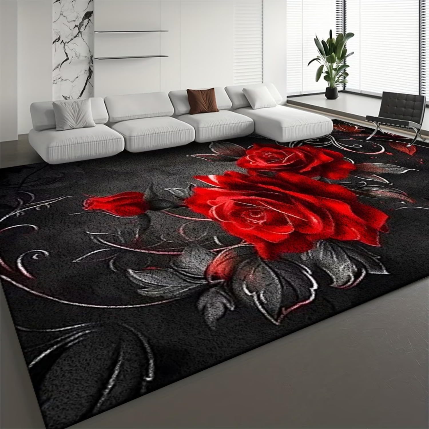 3D Rose Area Rug for Living Room 160x230cm With Black and Red Flowers