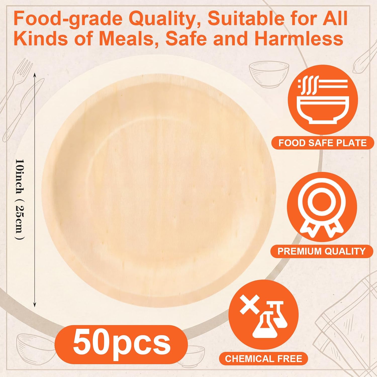 Havawish 50 Pcs Disposable Bamboo Plates 10 Inch Wood Round Appetizer Plates Large Palm Leaf Plate for Lunch Dinner Birthday Weddings Party Camping Catering Events