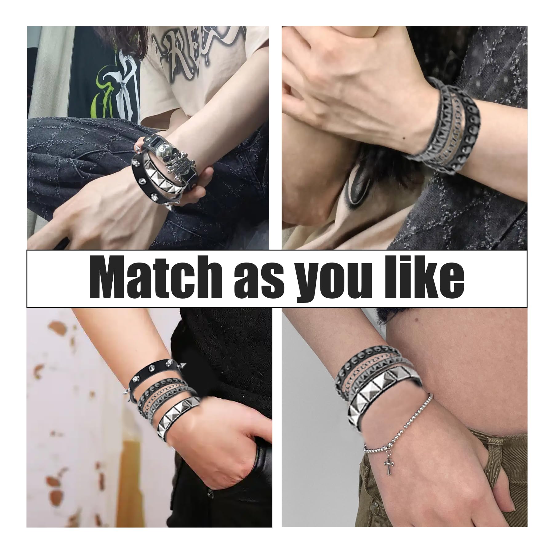 Pulsera de Cuero Punk Ajustable Gótica para Niños Niñas Accesorios Rock Negro