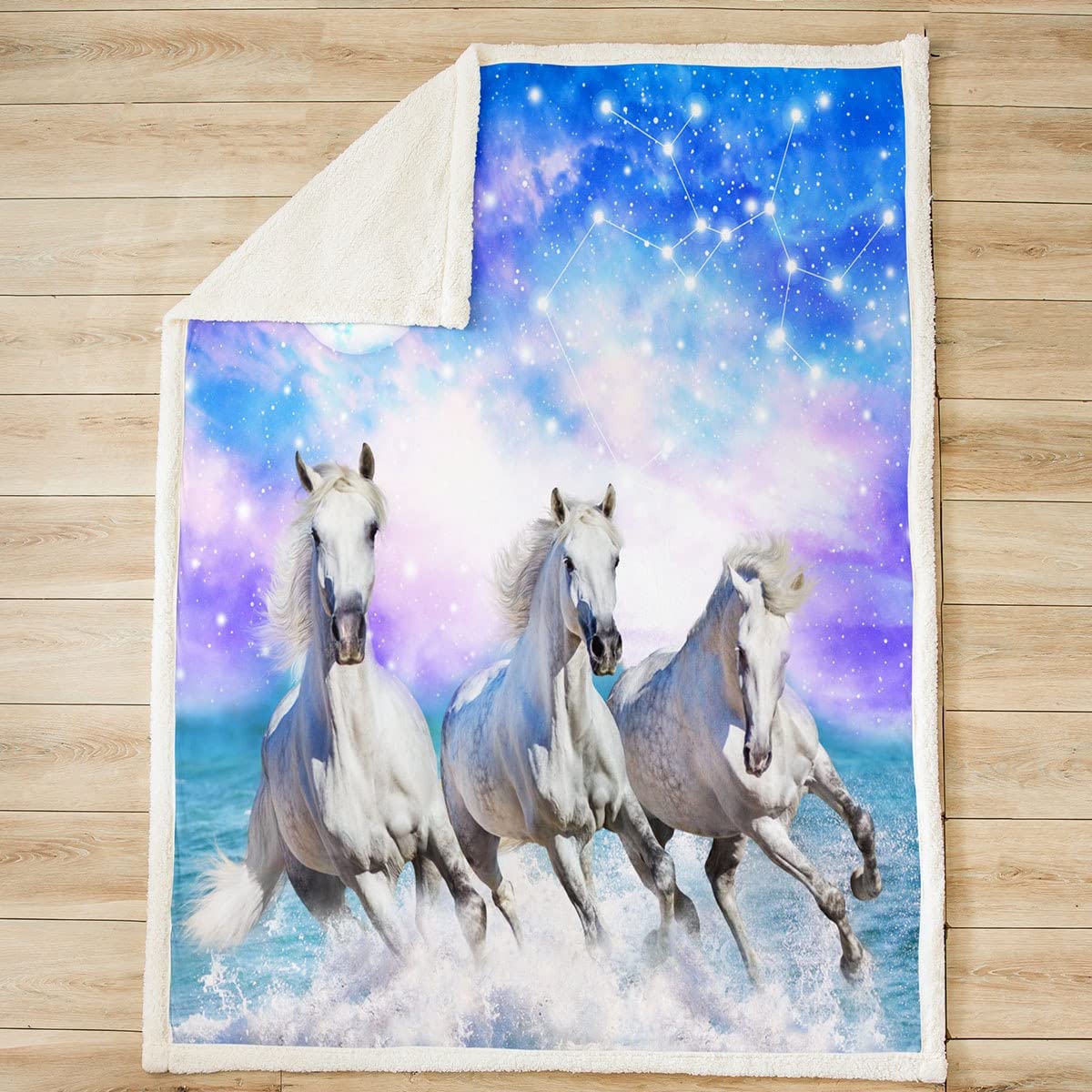 Manta de forro polar para caballos, color blanco galaxia, con caballos, galope, para niños y niñas, 3D, para sofá cama, de ensueño, de 87 x 94 pulgadas
