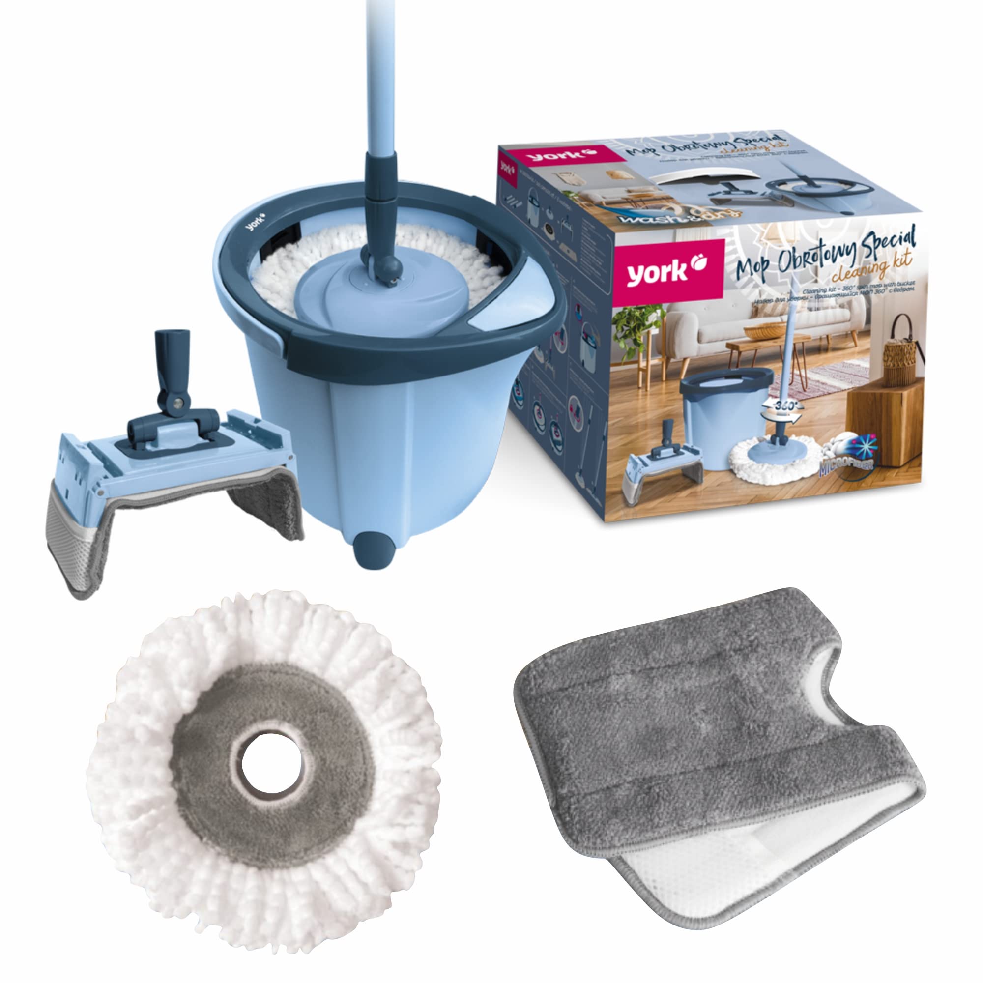York Juego de fregona con Cubo con Cabezales de fregona reemplazables con función de escurrimiento limpiaparabrisas Plano Sistema de Limpieza Mango telescópico Azul Especial