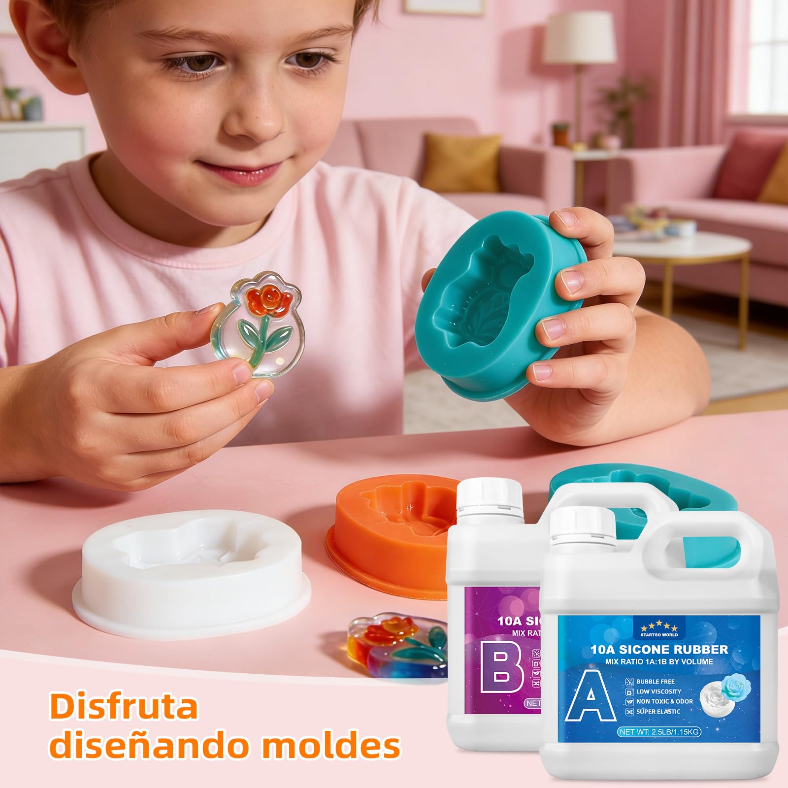 Silicona Líquida para Moldes 10A Shore, Caucho de Silicona de Platino Flexible 1:1, Kit de Fabricación de Moldes para Resina Epoxi, Cera, Yeso, Jabón, Manualidades y Bricolaje（Translúcido, 2.3 kg）