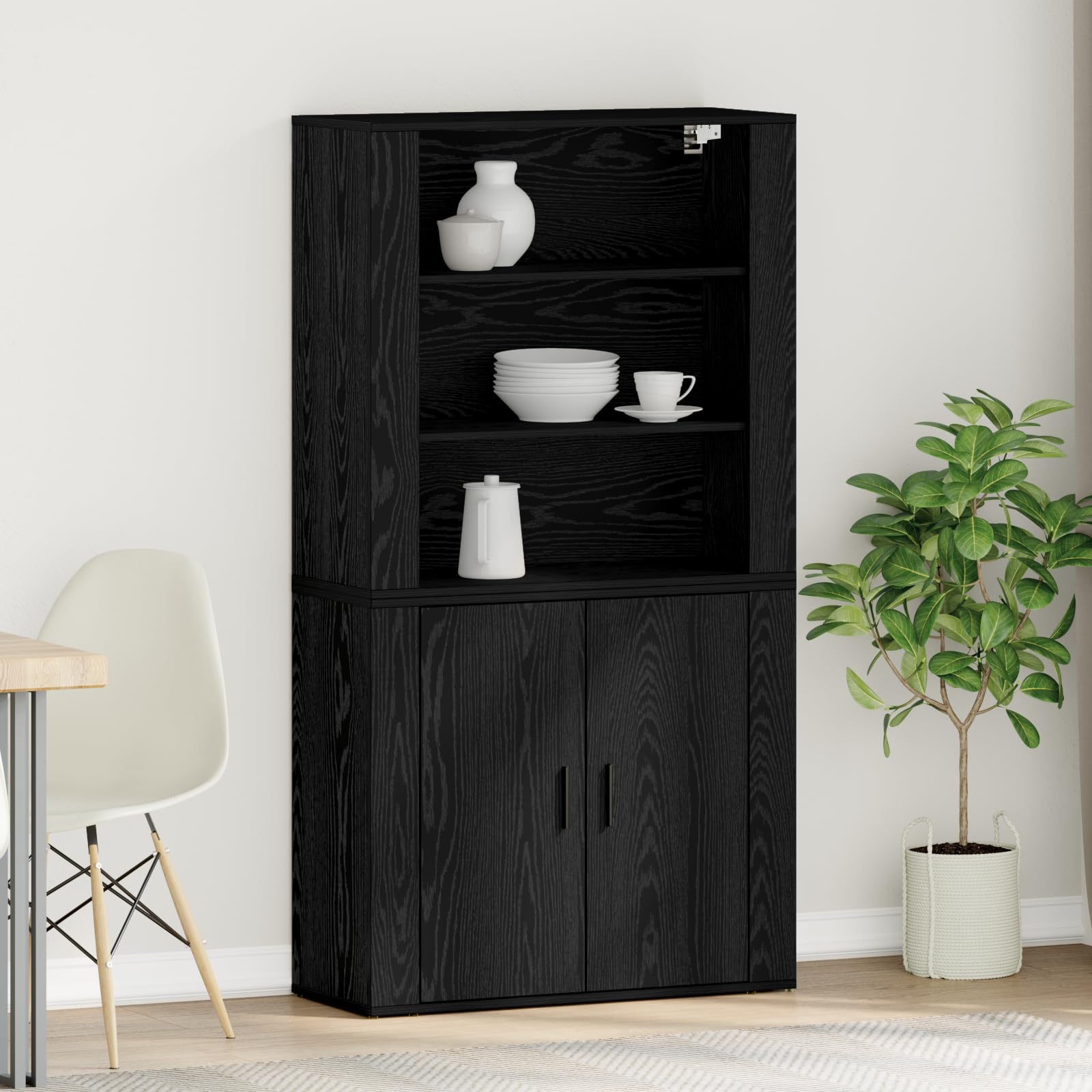 Meuble haut en chêne noir étagères intégrées buffet mural cuisine et salle à manger