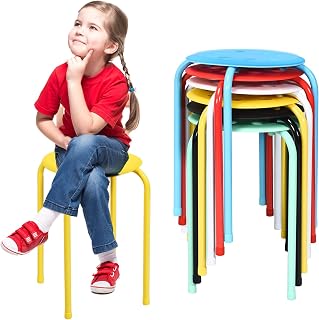 HONEY JOY 6 Pack Stackable Stool, 17.5” Kids Stacking Decoration Stool Set w/Metal Frame & Plastic Seat, Backless Round Flexible Seating for Children's Table, School, Classroom(6 Piece, Assorted)