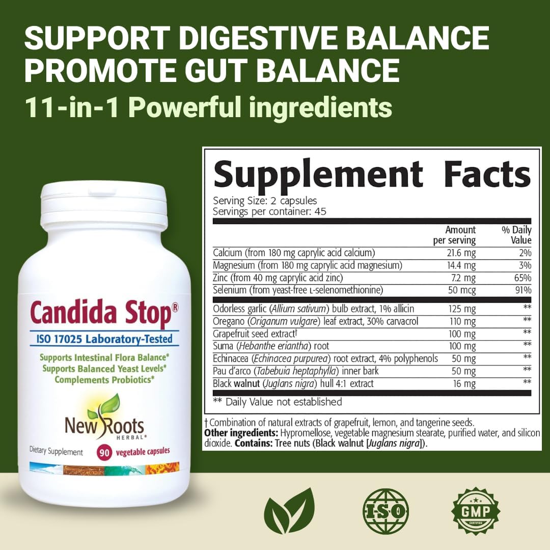 NEW ROOTS HERBAL Candida Cleanse Detox Supplement (90 Capsules), Stop Candida Overgrowth, Support Balanced Intestinal Flora & Yeast Balance with 11 Potent Herbs + Probiotics, Digestion Relief