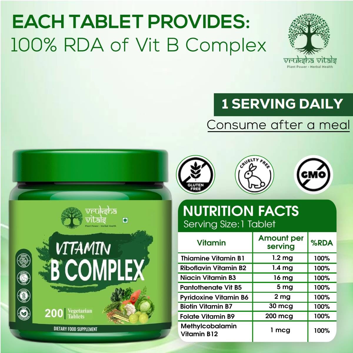 Vruksha vitals Vitamin B Complex 100% RDA - 200 Tablet/Capsules - B Vitamin Supplement (B1, B2, B3, B5, B6, B7, B9, B12) Vruksha vitals Vitamin B Complex 100% RDA - 200 Tablet/Capsules - B Vitamin Supplement (B1, B2, B3, B5, B6, B7, B9, B12)