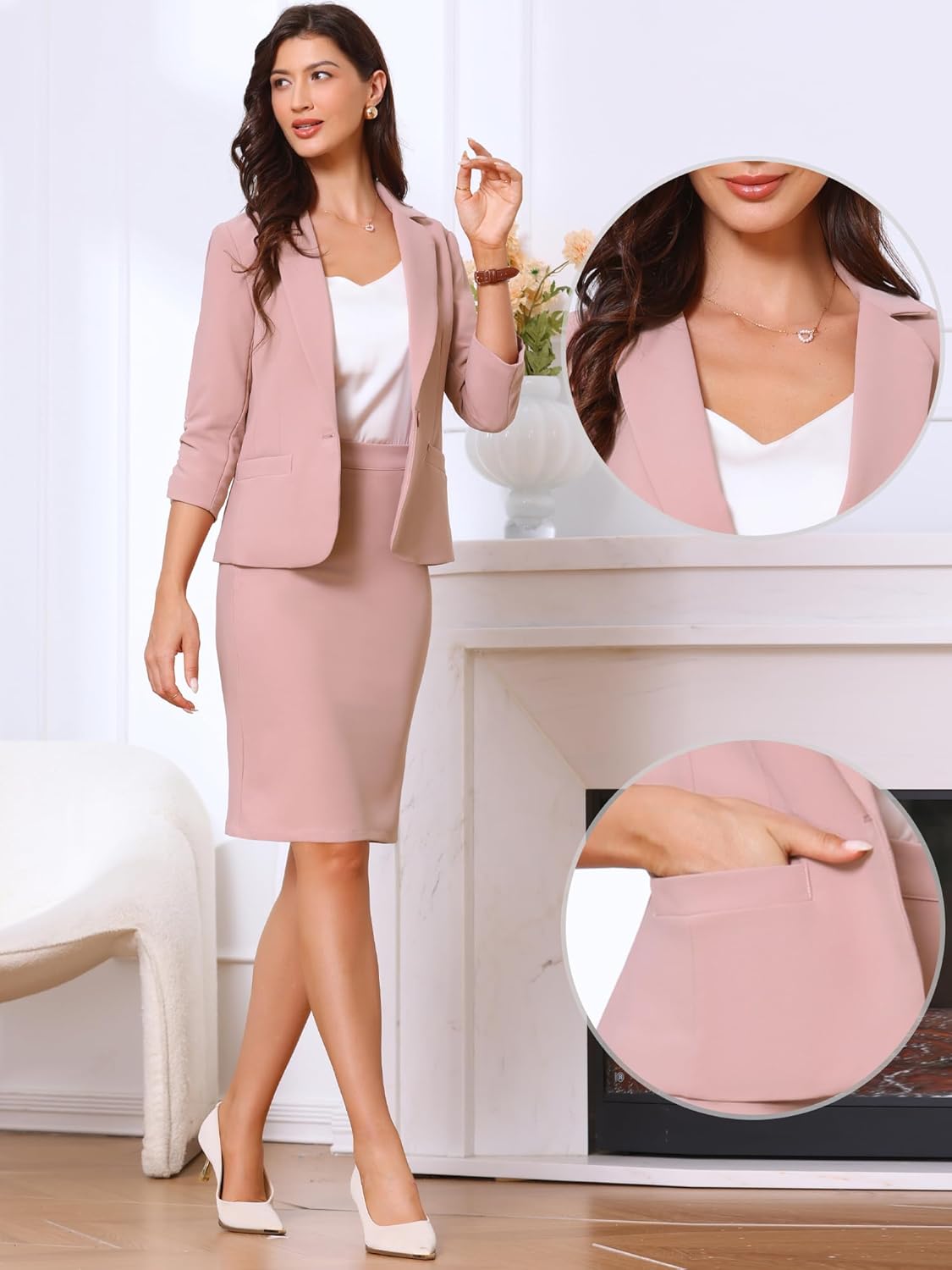 Allegra K 2 Piece Skirt Suit Set for Women's Business Casual Blazer Pockets Pencil Skirt Teacher Outfit - Image 2