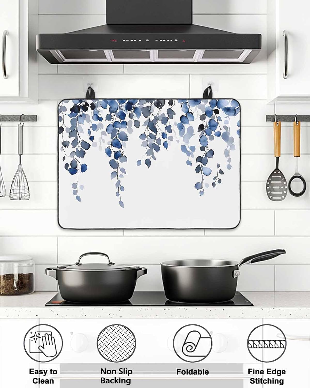 Stove Cover for Electric Stove 24x21 Inch Watercolor Blue Leaves Stove Top Cover Eucalyptus Leaf Glass Cooktop Covers Anti-Slip & Heat Resistant Countertop Protector Home Kitchen Decor