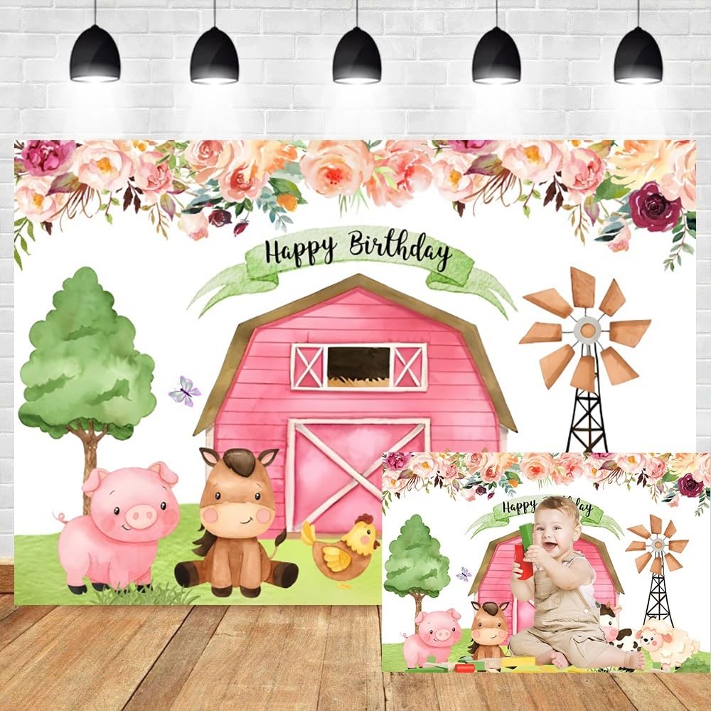 2,2x1,5m Sfondo di buon compleanno Animali della fattoria sfondo fotografico Fienile rosa carino Animale dei cartoni animati Sfondo di fattoria Decorazione per feste di compleanno