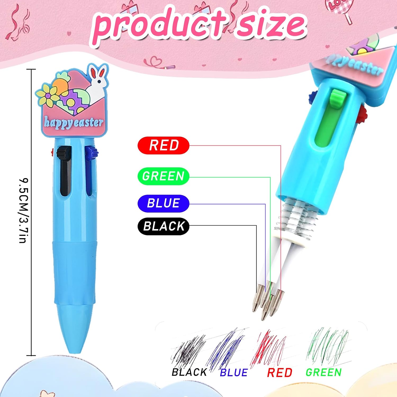 24 Pcs Easter 4-in-1 Ballpoint Pens|Colorful Cartoon Kawaii Pens |with Easter Eggs,Rabbit,Rainbows,Chicken,Cute Ballpoint Pens|Bulk Fun Gift Pens Easter gift exchange Easter filling