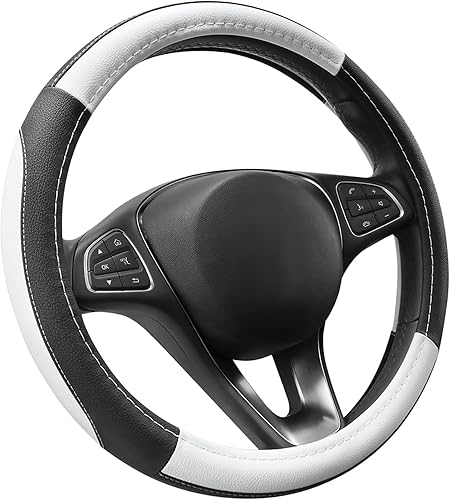 Miniatura 100 de SEG Direct Funda universal para volante de automóvil, de 15 pulgadas, piel de microfibra, color blanco y gris Negro y gris