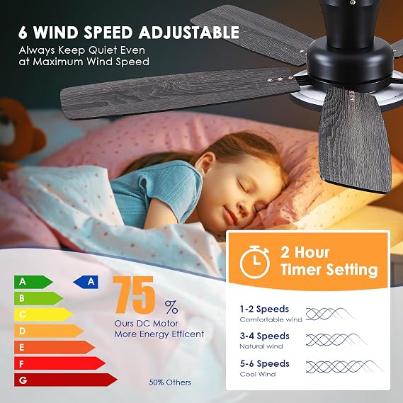 BYKISTOK 52 Flush Mount Ceiling Fan with Lights and Remote - Black Modern Ceiling Fan, Reversible and 5 Dual-Sided Blades, Low Profile Fan Light for Indoor Bedroom, Covered Patios