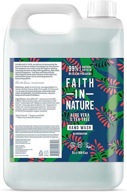 Faith In Nature Natural Aloe Vera and Tea Tree Hand Wash, Rejuvenating, Vegan and Cruelty Free, No SLS or Parabens, 5 L Refill Pack