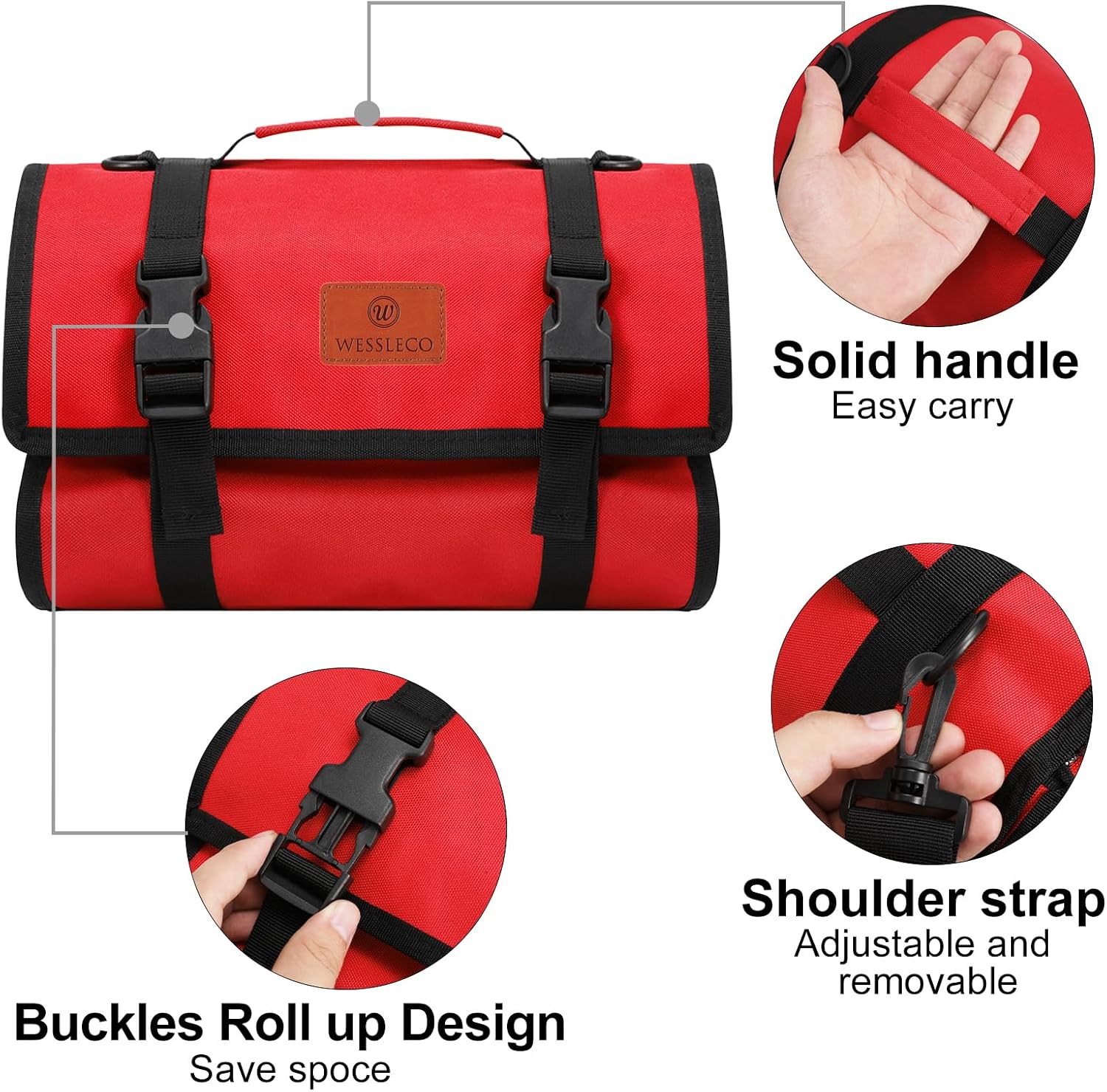 Canvas Tool Roll Up Bag, Multi-Purpose Wrench Organizer, Hvac Tool Bag with 4 Pockets (Red)