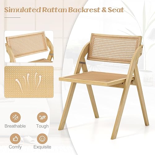 Miniatura 6 de Giantex Juego de 4 sillas plegables de comedor, sillas plegables de madera con respaldo y asiento de ratán, marco de madera de goma resistente,