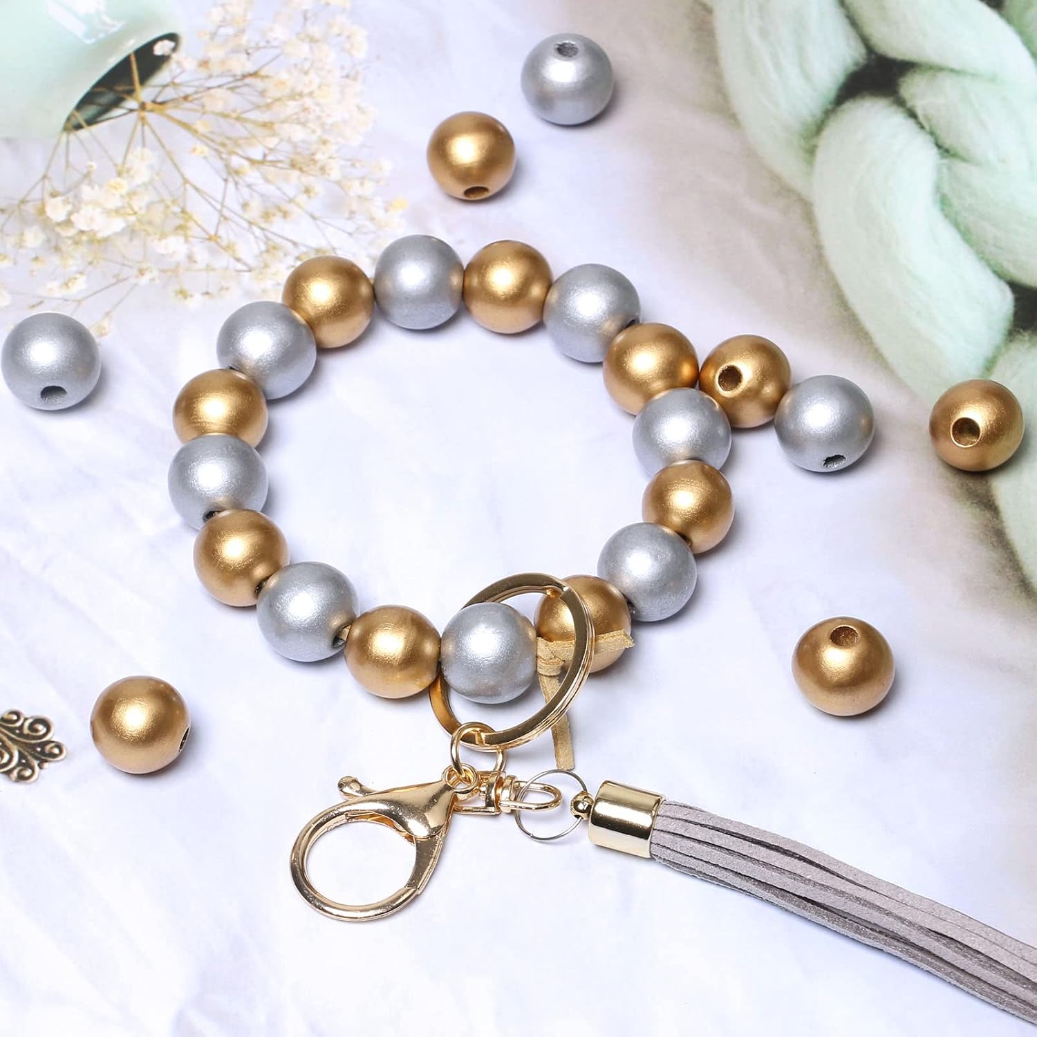 100 Wood Beads for Garlands, 16mm Gold and Silver Wooden Loose Beads for Crafts Making, Colorful Farmhouse Wooden Beads for Home Decor - Image 3