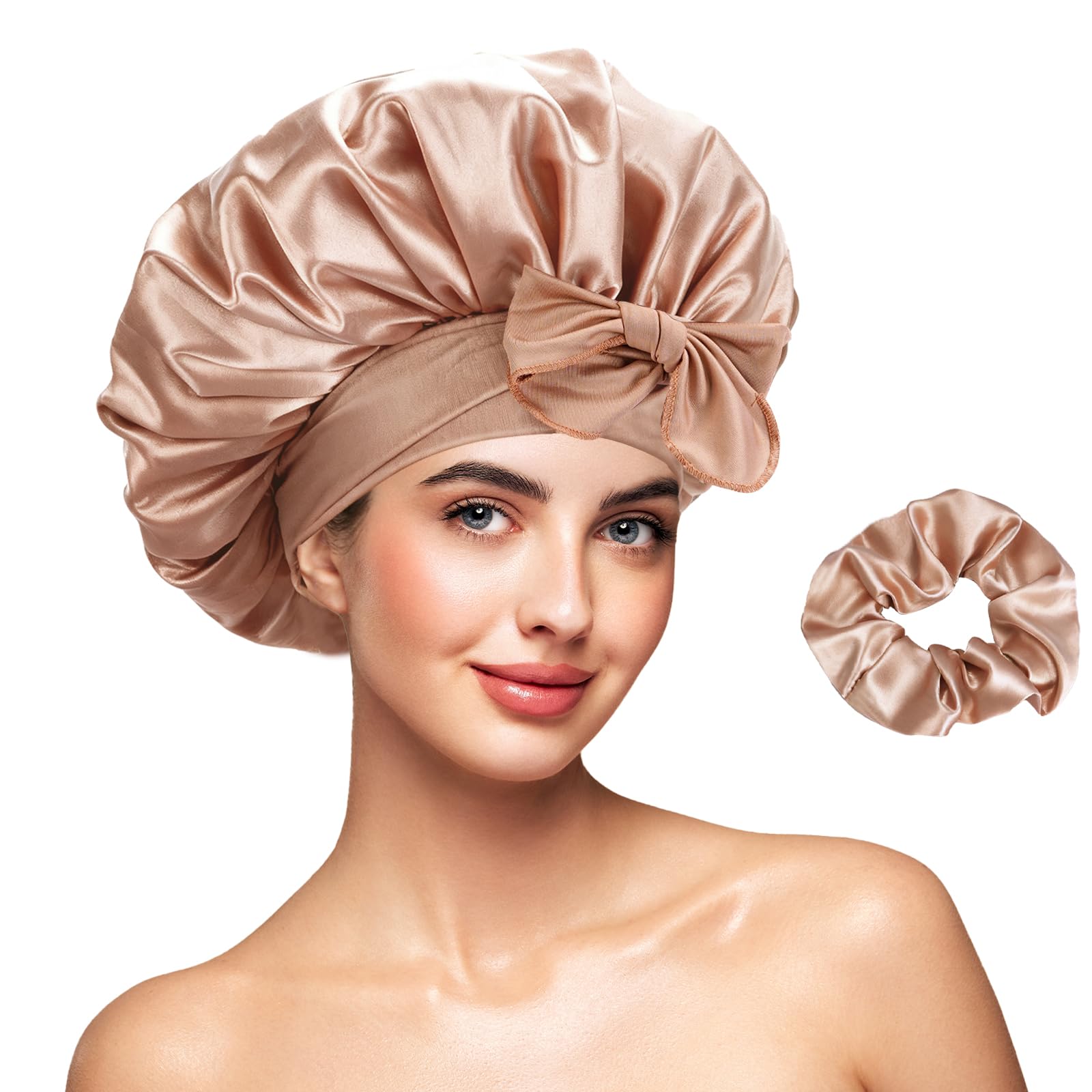 Galsangflower Satin Schlafhaube mit Scrunchies Set, Doppelseitige & doppelschichtige Bonnet für Locken, Extra große Haube mit Band für nächtlichen Haarschutz, Champagner