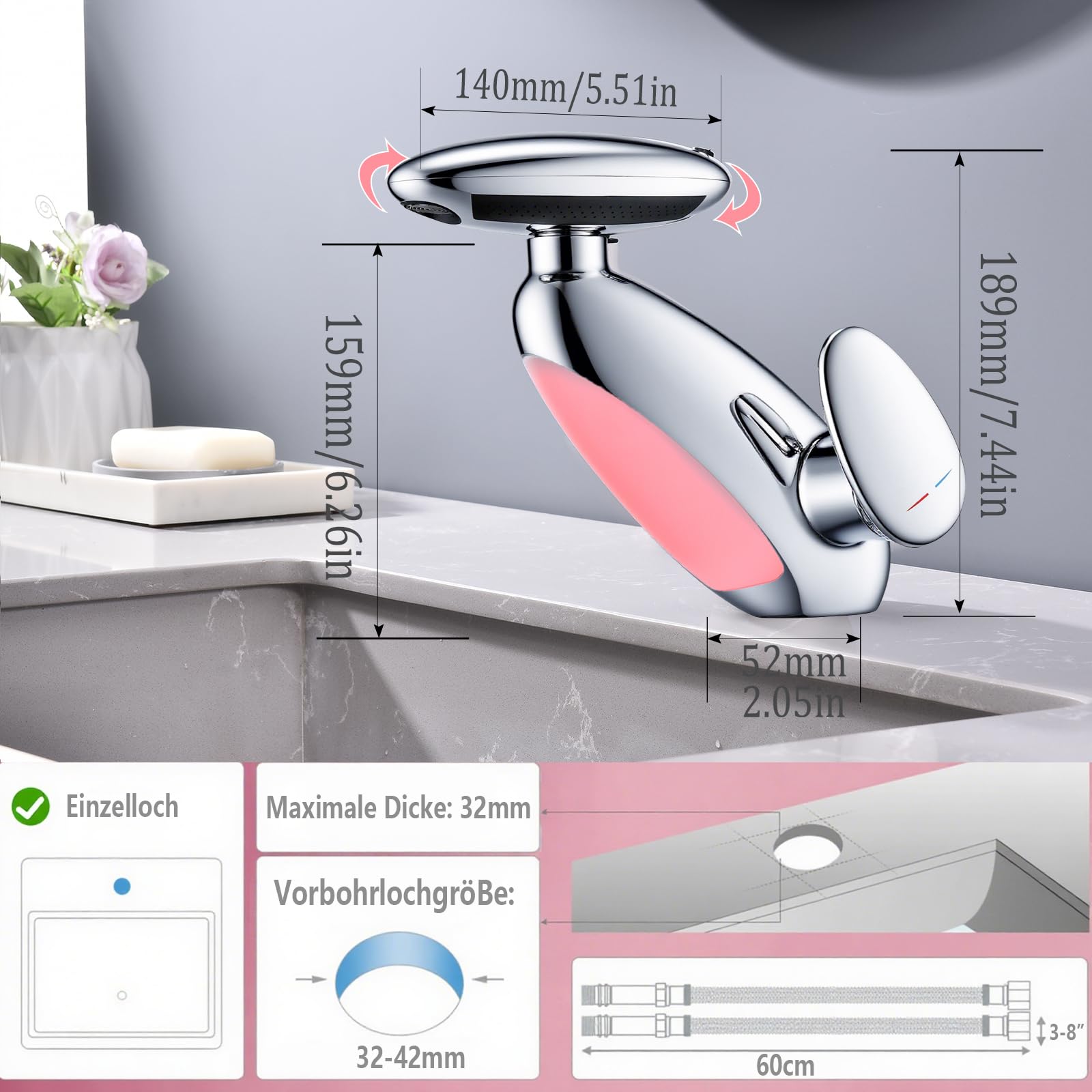 Rubinetto per lavabo a LED con doccia estraibile, rubinetto per bagno a cascata 4 in 1 moderno, miscelatore per bagno a LED monoforo, rubinetto per lavabo,Cromo