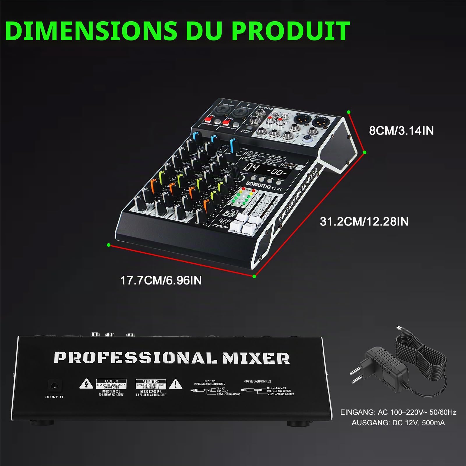 Mixeur audio 4 canaux, table de mixage audio professionnelle avec effets 99DSP, table de mixage DJ compacte avec USB, Bluetooth, alimentation fantôme 48 V et bouton PAD pour l'enregistrement, le